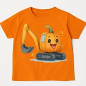 Koszulki dla dziewczynek - Pomarańczowa koszulka na Dzień Dyni z dynią w kształcie KOPARKI - miniaturka - grafika 1