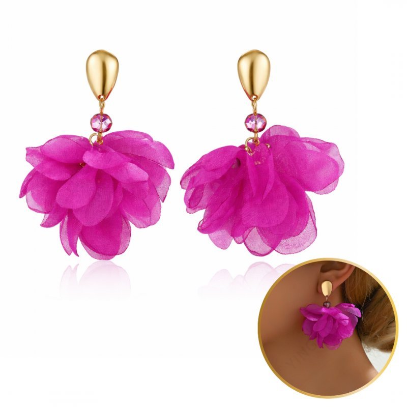 Kolczyki Wiszące Efektowne Tiulowe Z Kryształkami Fuksja Złote Sztyft