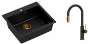Zlewozmywaki z baterią - Quadron Zlewozmywak granitowy jednokomorowy 57*50*22 cm MORGAN 110 PURE CARBON czarny z miedzianym odpływem z baterią JENNIFER Q LINE SLIM PURE CARBON z wyciąganą wylewką i funkcją prysznica kolor czarny mat/wykończenie miedź - miniaturka - grafika 1