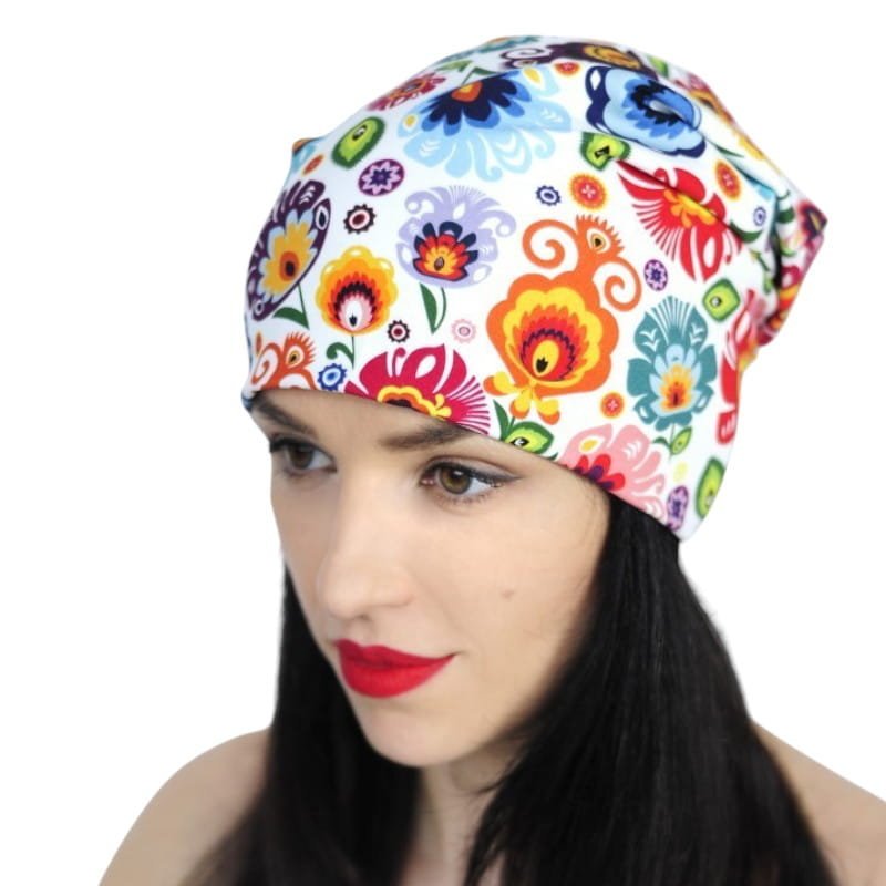 Czapka Folk Z Motywem Łowickim Dwustronna, Biała