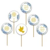 Dekoracje i nakrycia stołu na imprezę - PIKERY do babeczek - KOMUNIA - niebieska hortensja - 6 sztuk komunijne - miniaturka - grafika 1