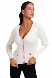 Guess Ecru Sweter Damski z Dekoltem V i Różowymi Lamówkami XL Gxa - GUESS - Swetry damskie Guess Ecru Sweter Damski z Dekoltem V i Różowymi Lamówkami XL Gxa - GUESS - Swetry damskie - miniaturka - grafika 1