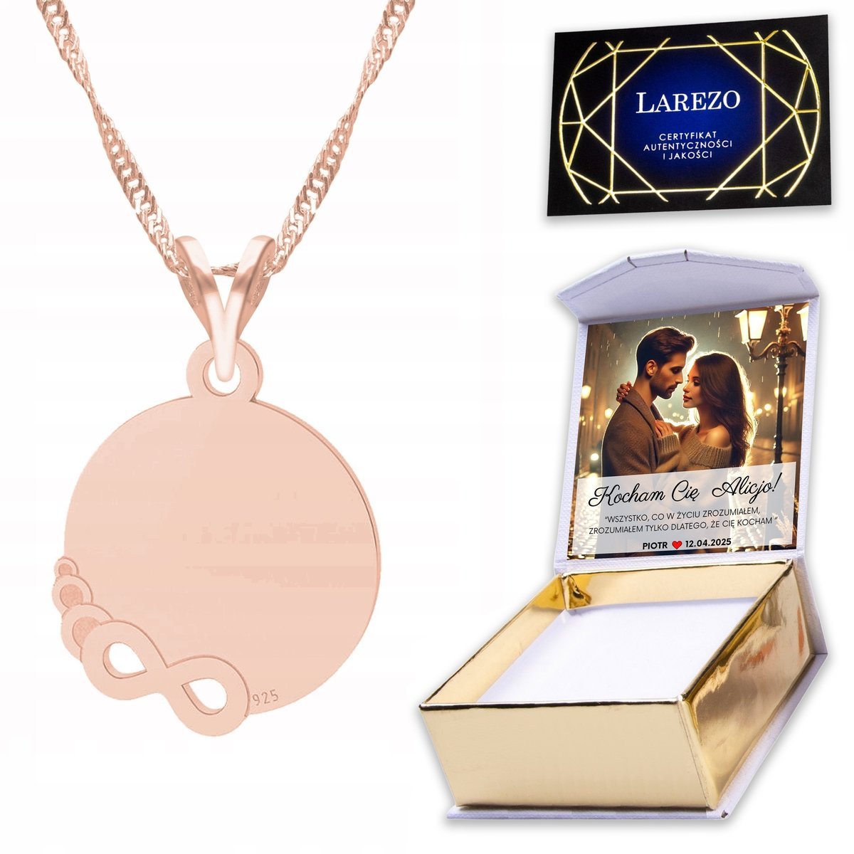 Naszyjnik Pozłacany 925 ze Znakiem Nieskończoności Ósemka + WŁASNY NADRUK