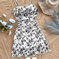 Sukienki - TEMU Sukienka damska z siatkowym nadrukiem kwiatowym - swobodna letnia peplum z regulowanymi cienkimi ramiączkami, lekka, oddychająca tkanina na - miniaturka - grafika 1