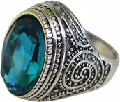 Pierścionki - Srebrny Sygnet z Dużym Akwamarynem Niebieski Kamień Stal Szlachetna Vintage - miniaturka - grafika 1