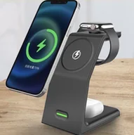 Ładowarki do telefonów - Ładowarka indukcyjna magnetyczna do IPHONE 13 14 15 16 APPLE iWATCH 3w1 15W czarna - miniaturka - grafika 1