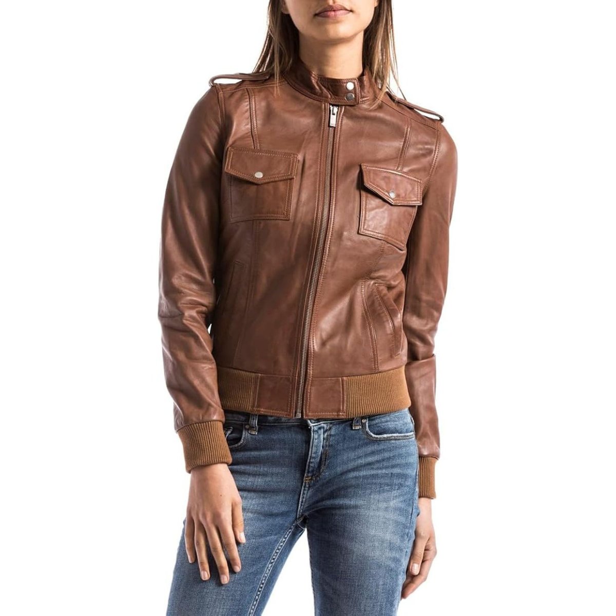 Kurtka damska Blue Wellford Belaya skórzana brązowa-L