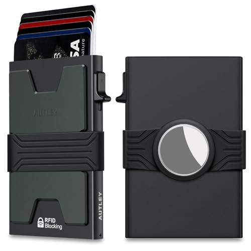 AUTLEY Smukły portfel na karty dla mężczyzn Aluminiowe etui na karty Pop Up z paskiem na gotówkę - blokada RFID, miejsce na 12+ kart (czarne), czarny przycisk - A, minimalistyczny