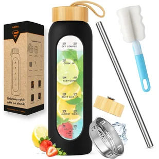 Szklana butelka na wodę motywacyjna z miarką wielorazowa słomka do picia 1L - Shakery i bidony sportowe Szklana butelka na wodę motywacyjna z miarką wielorazowa słomka do picia 1L - Shakery i bidony sportowe - miniaturka - grafika 1