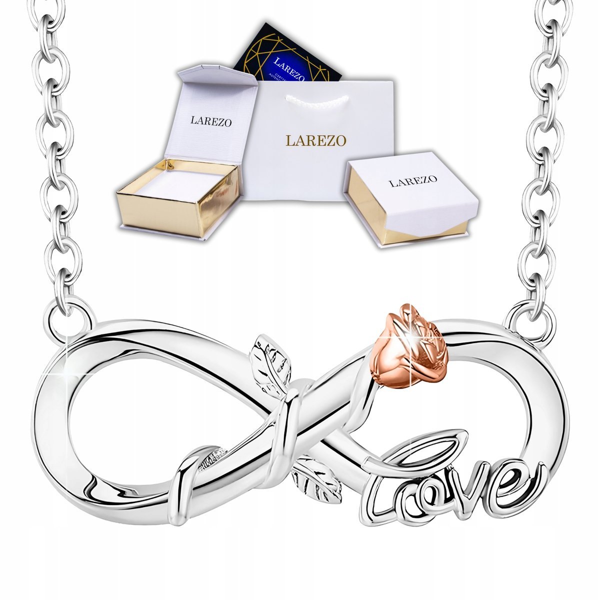 Srebrny Naszyjnik Nieskończoność z Różą Napisem Love Kwiat Życia SREBRO 925