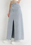 Spódnice - Jasnoniebieska Jeansowa Spódnica z Wysokim Stanem i Postrzępionym Dołem Hayva - miniaturka - grafika 1