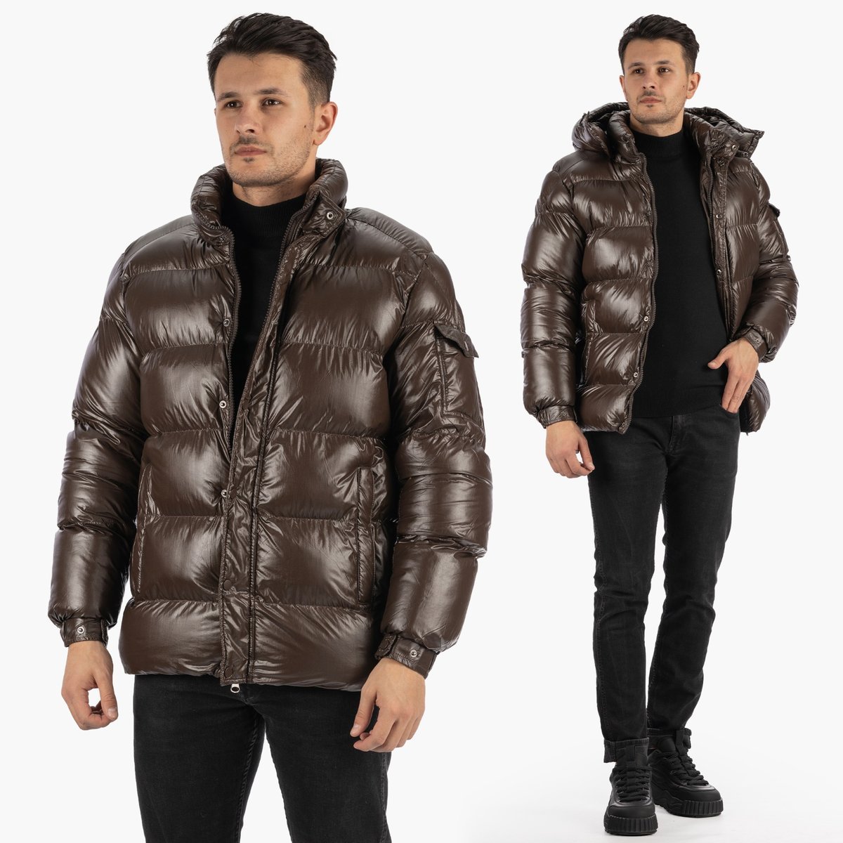 Kurtka Męska Zimowa Pikowana Puchowa Z Odpinanym Kapturem Brązowa S Brązowy