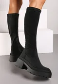 Kozaki damskie - Czarne Długie Kozaki z Elastyczną Cholewką na Grubej Tłoczonej Podeszwie Hantrine - Renee - miniaturka - grafika 1