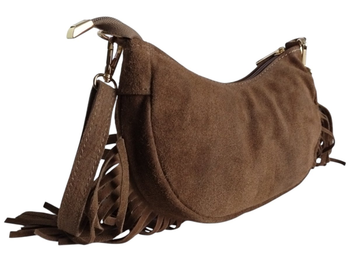 Torebka Damska Listonoszka na Ramię, Zamszowa Skórzana Mała Brązowa