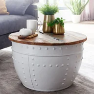 Ławy i stoliki kawowe - WOHNLING stolik kawowy mango 60x36x60 cm lite drewno metal biały industrialny okrągły, designerski stolik do salonu z miejscem do przechowywania, stolik do salonu sofa stolik nowoczesny - miniaturka - grafika 1