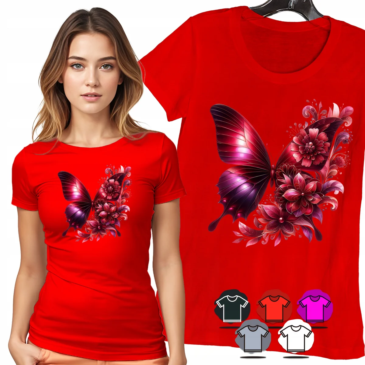KOSZULKA DAMSKA T-SHIRT - MOTYL BORDOWY KWIATY ELEGANCKI WZÓR DAMSKI - M