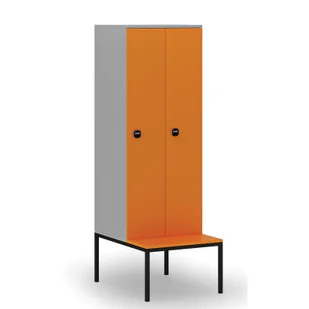 Drewniana szafa ubraniowa z ławką, 2-drzwiowa, 1871 x 600 x 500/800 mm, zamek RFID, szary/pomarańczowy - Szafy biurowe - miniaturka - grafika 1