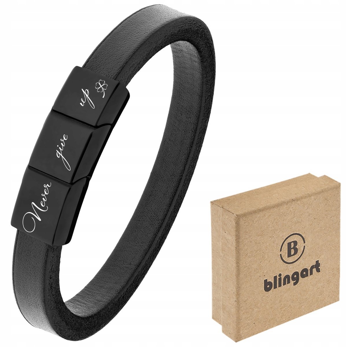 BLINGART Bransoletka SKÓRZANA MĘSKA CZARNA SKÓRA ZAPIĘCIE GRAWER