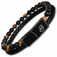 Bransolety męskie - Męska bransoletka skórzana Kamienie Koraliki Magnetyczne zapięcie Czarna - miniaturka - grafika 1