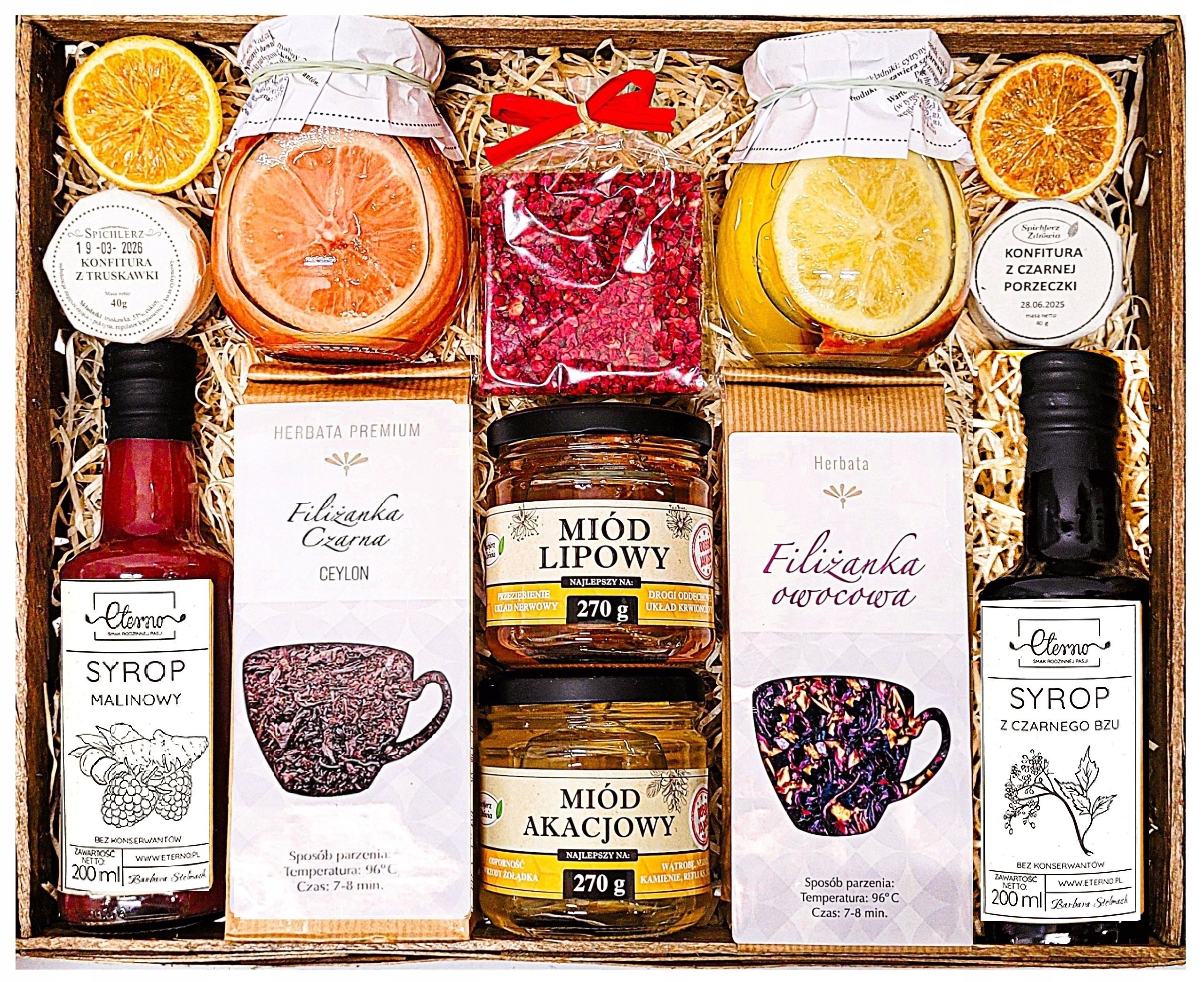 Duży Kosz Prezentowy Herbata Miód Cytryna Syrop Malina Czekolada