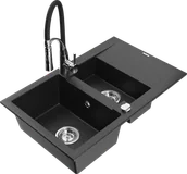 Zlewozmywaki z baterią - Mexen Gaspar zlewozmywak granitowy 1,5-komorowy z ociekaczem i baterią kuchenną Aster, czarny/srebrny metalik - 6507-73-73450-07 - miniaturka - grafika 1