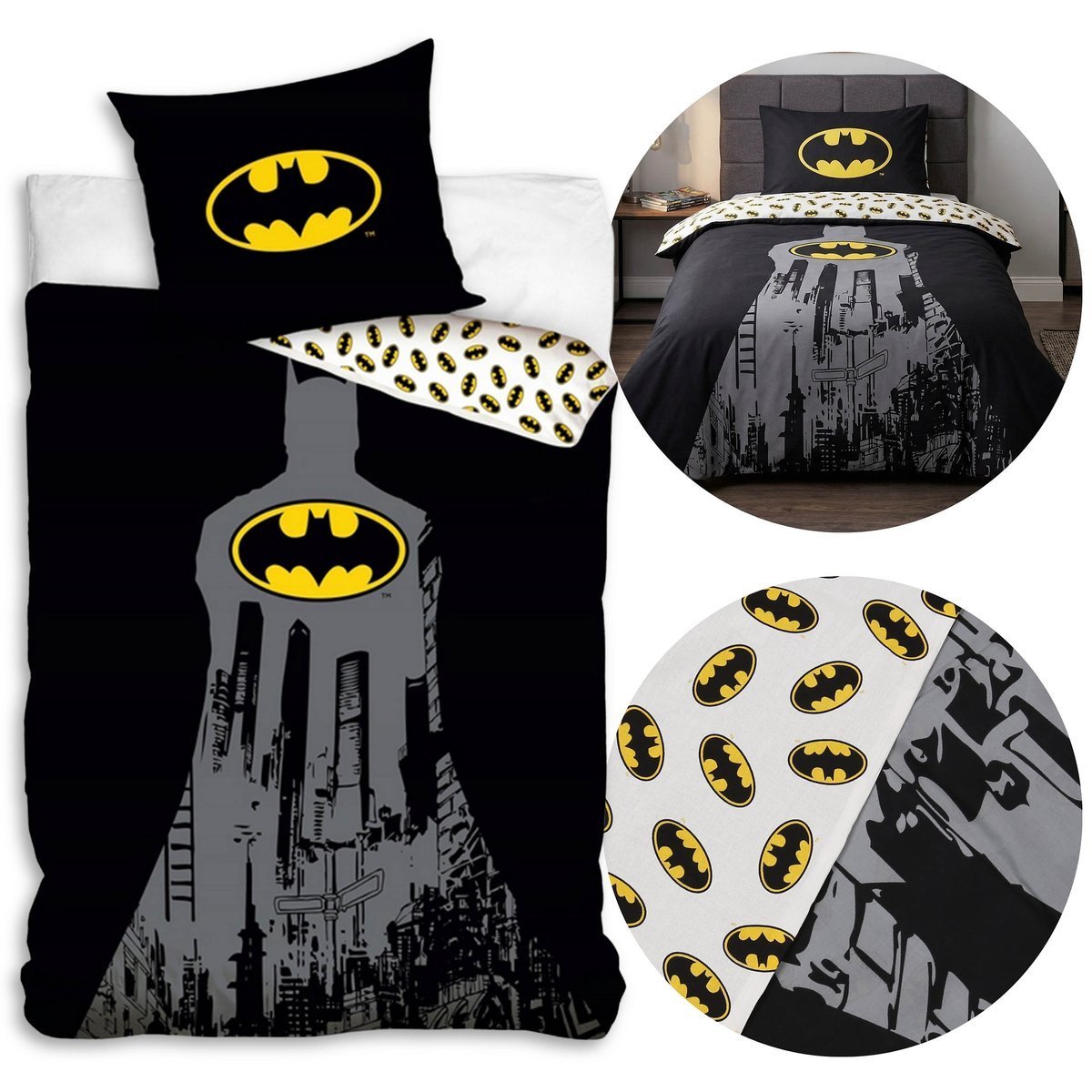 BATMAN Czarna, DWUSTRONNA, bawełniana pościel dziecięca na zamek, 100% BAWEŁNA 140x200cm+50x70cm OEKO-TEX