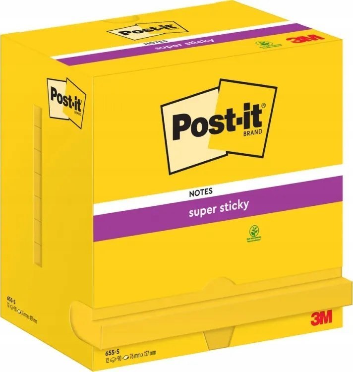 Post-It 3M Karteczki samoprzylepne POST-IT® Super Sticky 655-S, 127x76mm, 12x90 kartek, jaskrawo żółte