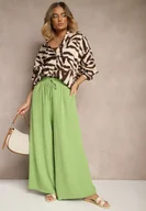 Spodnie damskie - Jasnozielone Spodnie Palazzo o Szerokim Kroju Ozdobione Sznurkiem Ularira - miniaturka - grafika 1