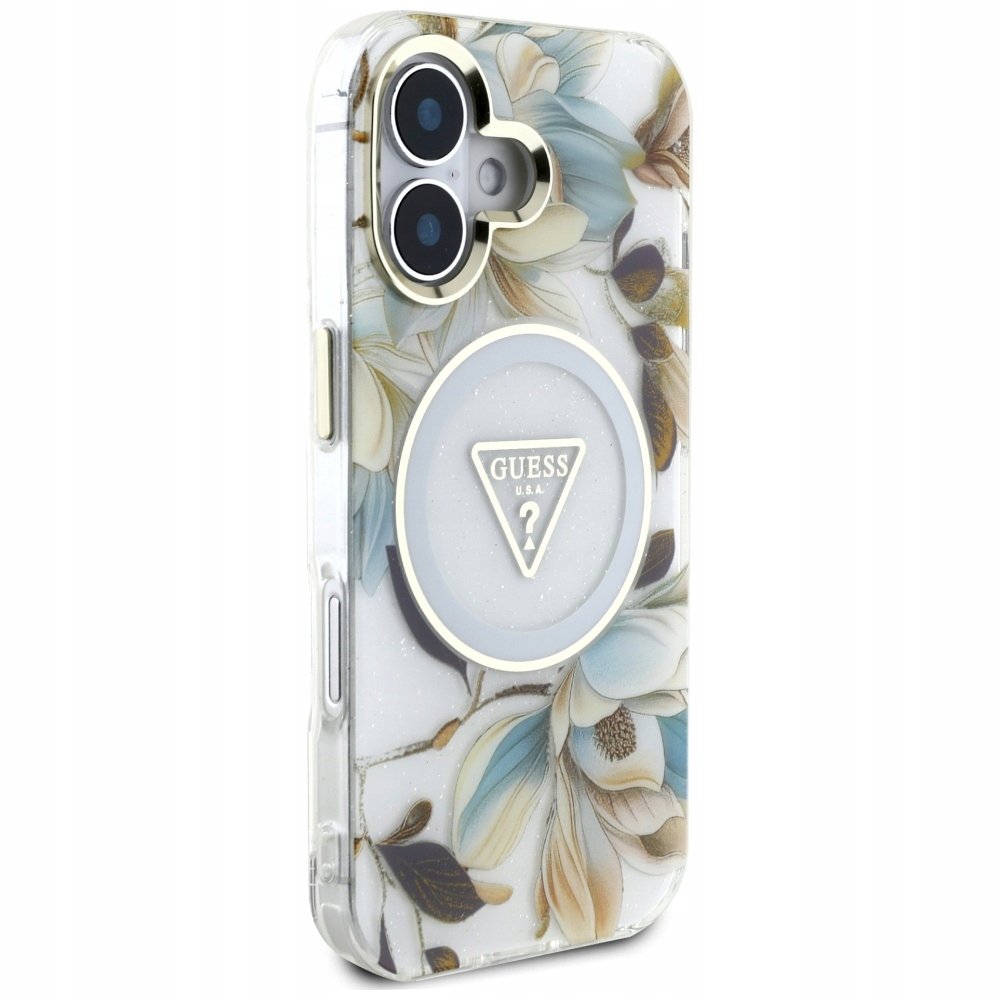 Guess Etui Glitter Flowers Triangle Buttons do MagSafe do iPhone 16, białe z kwiecistym wzorem