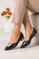 Baleriny - Granatowe baleriny damskie lakierowane na niskim złotym klocku skórzana wkładka złota ozdoba krokodyli wzór Casu ER24WX11-N - miniaturka - grafika 1