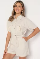 Kombinezony - Jasnobeżowy Kombinezon z Lnem i Wiskozą z Koszulową Górą i Materiałowym Paskiem z Klamrą Lolefia - miniaturka - grafika 1