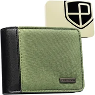 Portfele - Mały zielono - czarny portfel męski ze skóry ekologicznej i poliestru PETERSON poziomy bez zapięcia nowoczesny slim do kieszeni portfel na karty pud.. - miniaturka - grafika 1