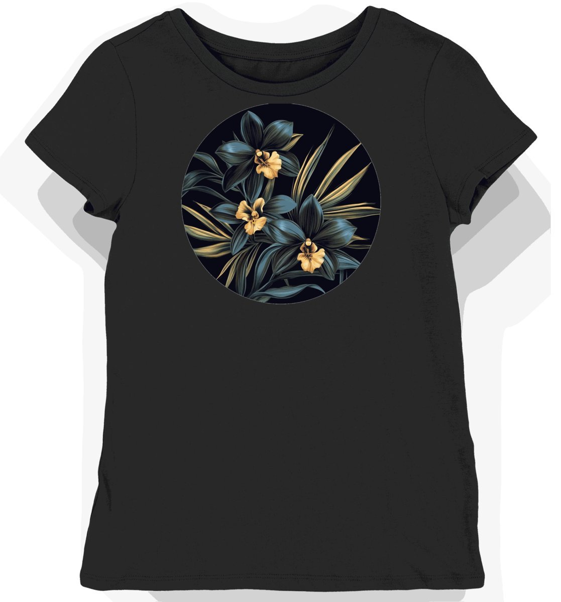 Koszulka damska czarna z motywem egzotycznych kwiatów XS