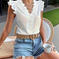 Koszule damskie - TEMU Bluzka Damska z Dekoltem w Serek i Koronką - Lekki Krótki Rękaw na Wakacje i Wyjścia, Letnia Moda, Jednokolorowa Koszulka do Plaży, Oddychający - miniaturka - grafika 1