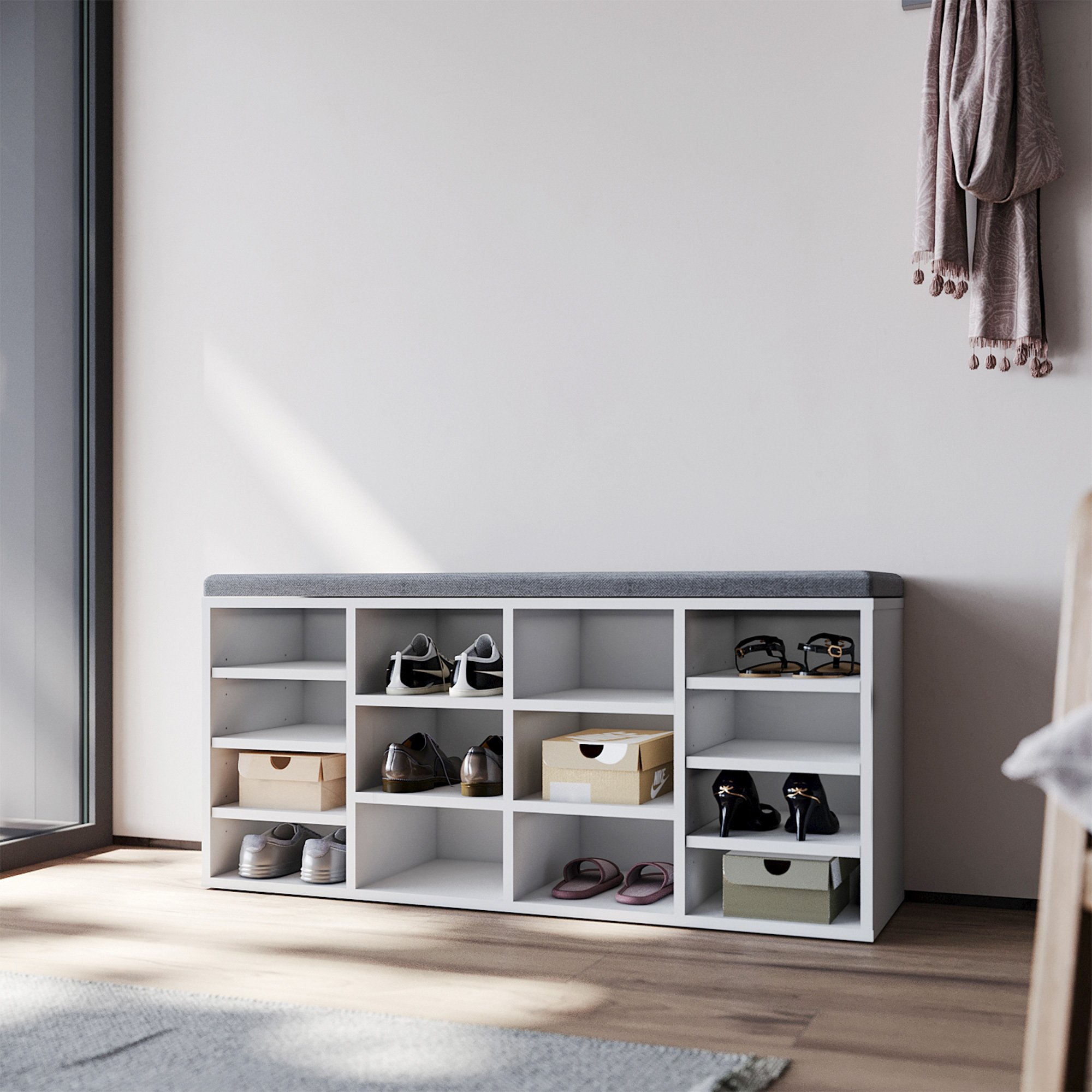 SONNI Szafka na buty biała z ławką 103,5x30x48cm Regulowane przegródki Ławka na buty Stojak na buty