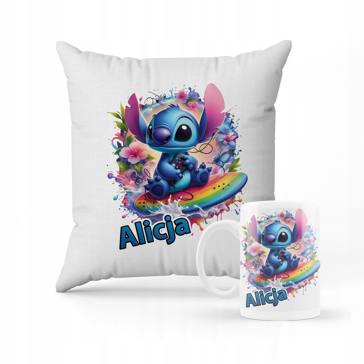 ZESTAW PODUSZKA + KUBEK PREZENT DLA DZIECKA STICH STITCH STICZ + IMIĘ #3