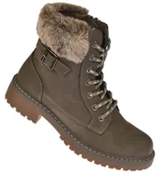 Botki damskie - Trapery damskie botki ocieplane B-3-1344 szare glany wysokie z futerkiem i paskiem rozmiar: 39 - miniaturka - grafika 1