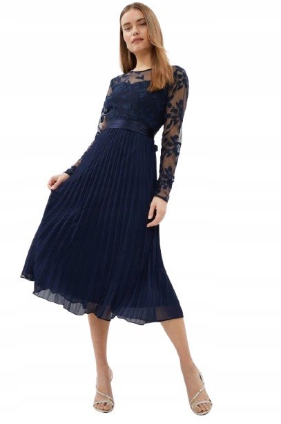 COAST GRANATOWA SUKIENKA MIDI PLISOWANA Z KORONKĄ PLUS SIZE 52 HKC