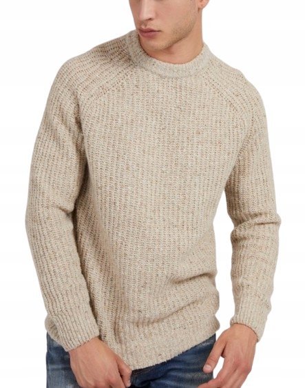 GUESS BEŻOWY SWETER MĘSKI Z WEŁNĄ I Z OKRĄGŁYM DEKOLTEM 50 GXA
