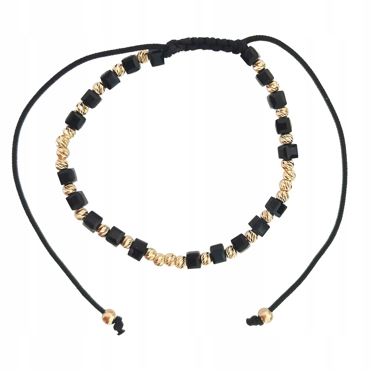 Złota bransoletka 585 z czarnymi kosteczkami na sznurku złote kuleczki 14kt