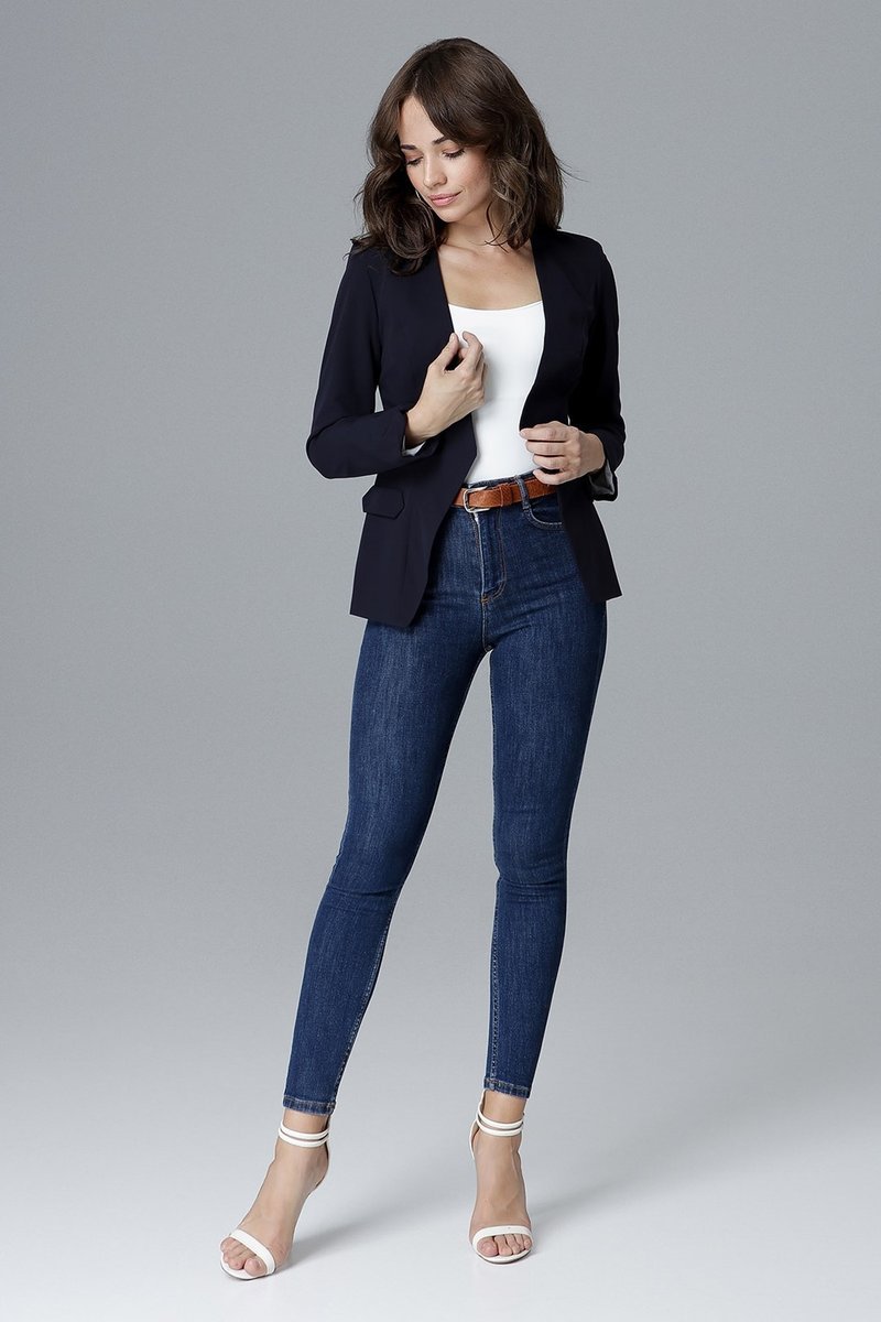 Damski elegancki żakiet bez zapięcia z podszewką casual Lenitif - L022, granatowy, S