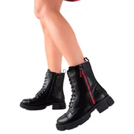 Botki damskie - Goodin Ocieplane Traperki Z Czerwonym Suwakiem czarne - miniaturka - grafika 1