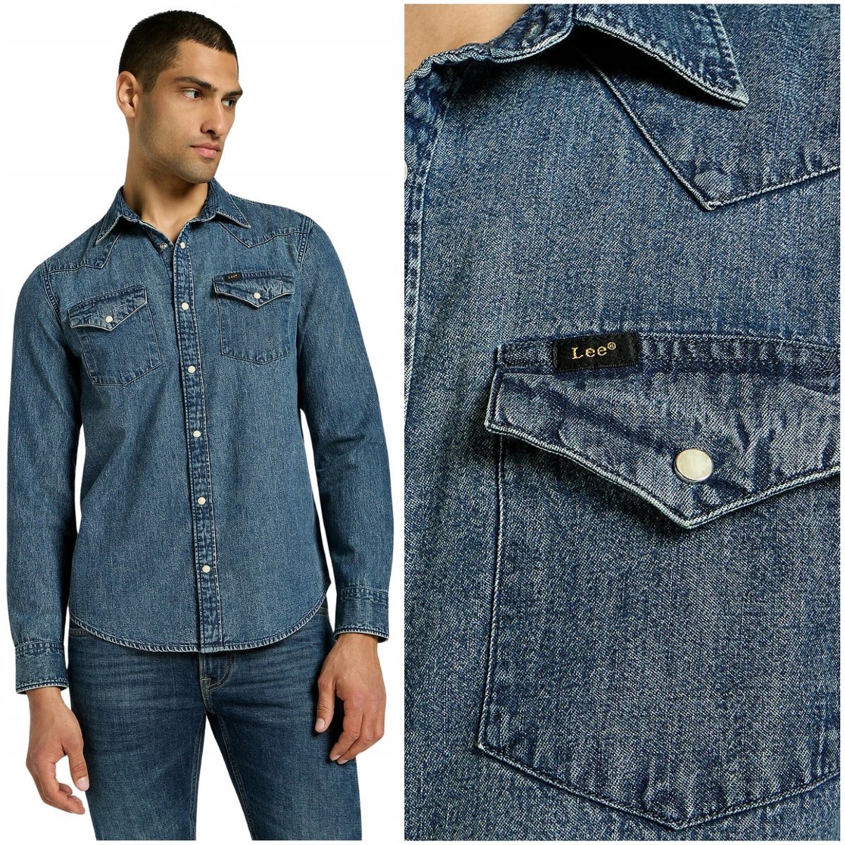 Lee REGULAR WESTERN SHIRT Green Aura DżINS ciemna męska koszula jeansowa S