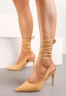 Sandały damskie - Brązowe Sandały z Ekoskóry z Kryształkami na Szpilce z Wiązaniem Vlegia - miniaturka - grafika 1