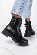 Botki damskie - Czarne botki workery damskie ażurowe z klamrami na platformie sznurowane Casu G22X5-B - miniaturka - grafika 1