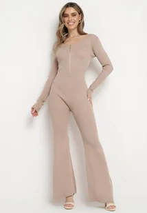 Beżowy Wiskozowy Kombinezon Bodycon z Prążkowaniem i Suwakiem Alnorema - Kombinezony - miniaturka - grafika 1