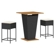 Meble ogrodowe - vidaXL 3-cz. zestaw mebli barowych z poduszkami, czarny polirattan - miniaturka - grafika 1