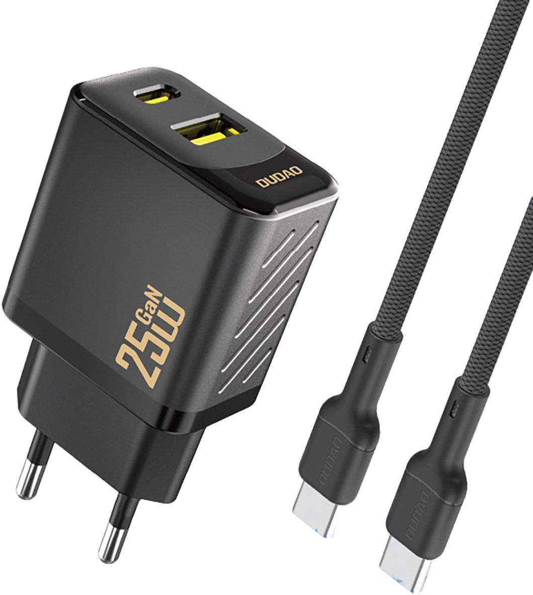Ładowarka sieciowa USB-A USB-C z kablem USB-C GaN PD QC 25W - czarna Ładowarka sieciowa USB-A USB-C z kablem USB-C GaN PD QC 25W - czarna