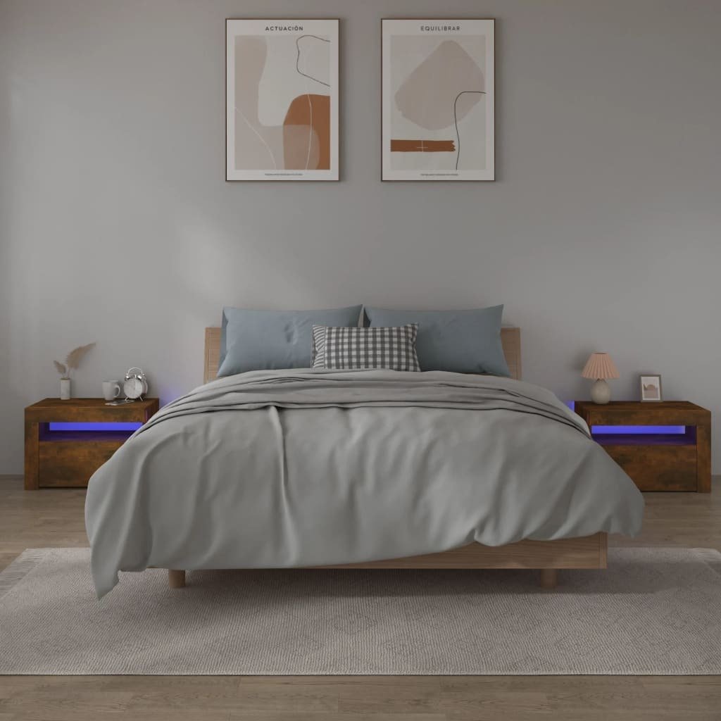 Szafki nocne 2 szt. z oświetleniem LED dąb wędzony 60x35x40 cm