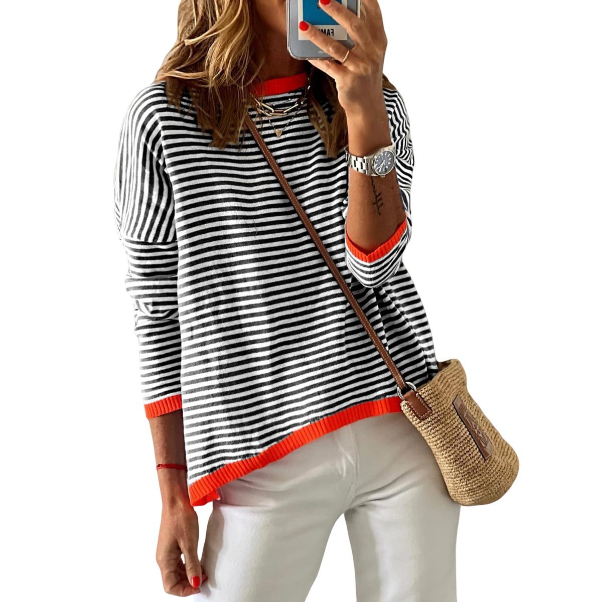 Damski Sweter w Paski Bawełna Okrągły Dekolt Ciepły Czarny Biały M